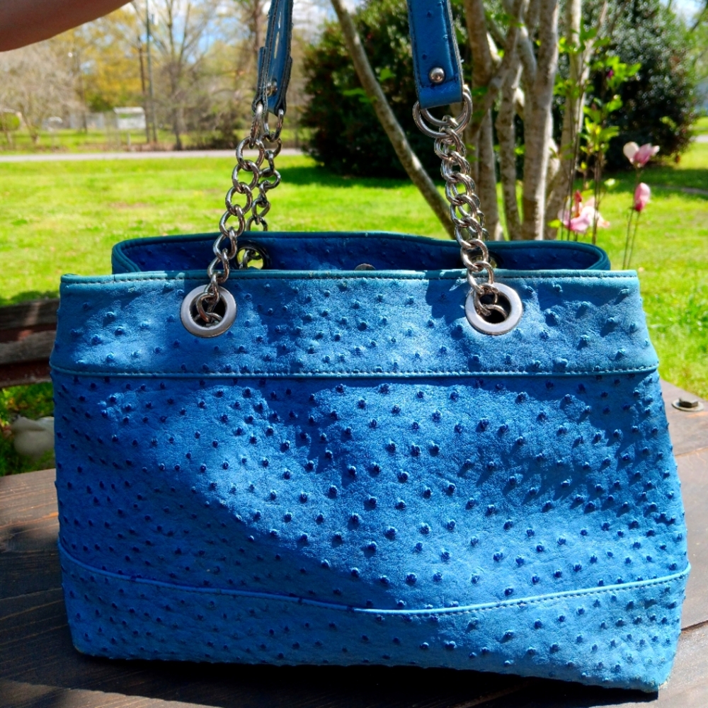 Blue Ostrich Leather Tote Bag
